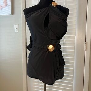 SHEIN Black One-Shoulder Swimsuit with Gold Accent